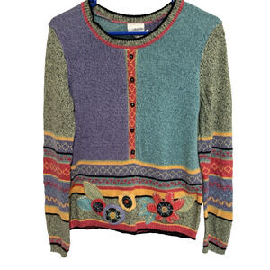 Vtg Koret Sweater Colorblock Geometeric Floral Y2K Pullover 80s 90s Dolman S